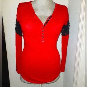 Original Buffalo David Bitton red top with black lace long sleeve